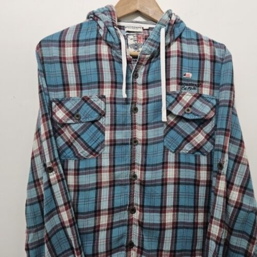 BROADWAY NYC FASHION Men's Vintage Button Up Hooded Shirt Long Sleeve Size L